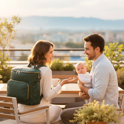 Parents discutent avec sac a dos maman céleste