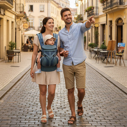 Parents marchent avec porte bébé kangourou breathbabybag