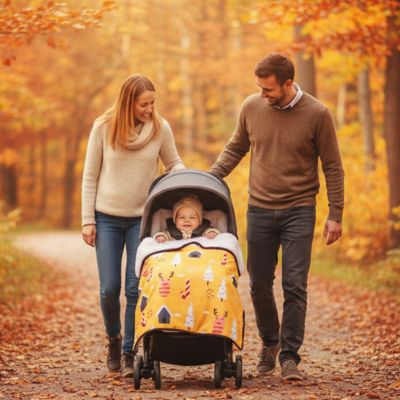 Parents promènent bébé dans  couverture pour poussette jaune soleil