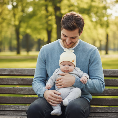 Père assis au parc avec bonnet pour bebe lapin d'amour