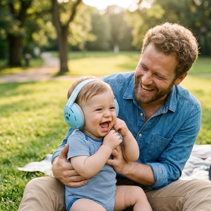 Père avec casque anti-bruit bébé cocon protecteur bleu