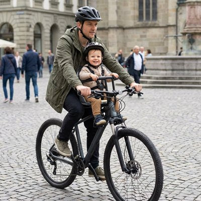 Père avec enfant dans porte bebe velo balade