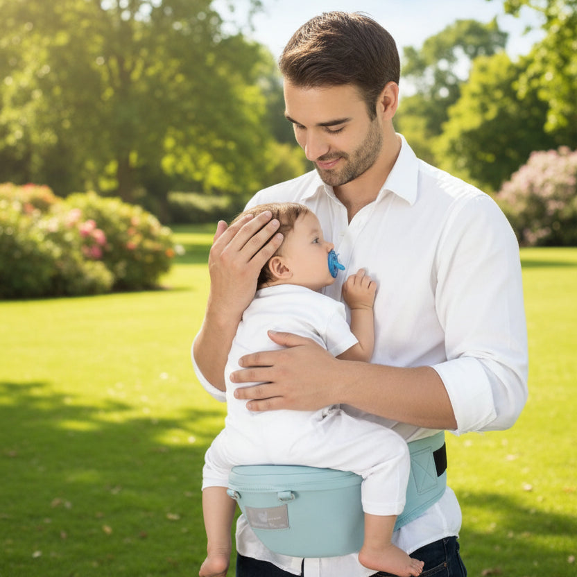 Père console bébé dans porte bébé hanche convivial