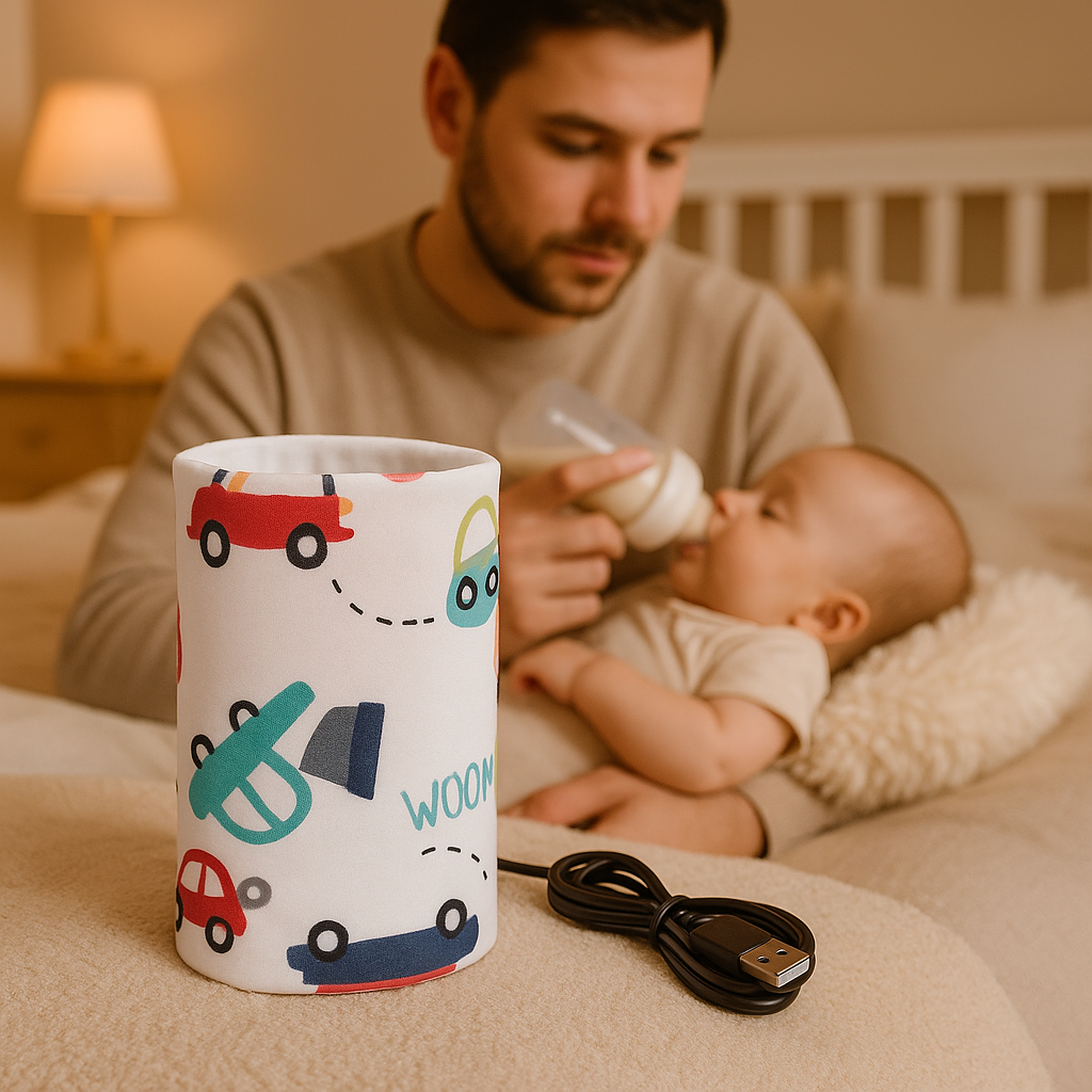 Père-donne-boire-bébé-derrière-chauffe-biberon-USB-mignon