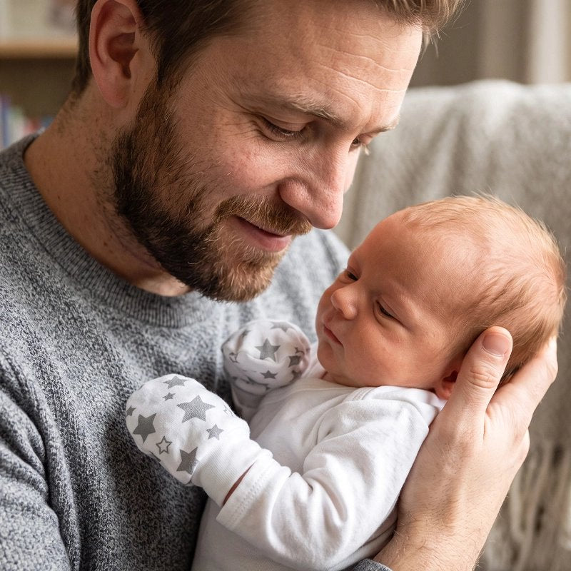 Père dorlote poupon avec moufle bébé tranquillité
