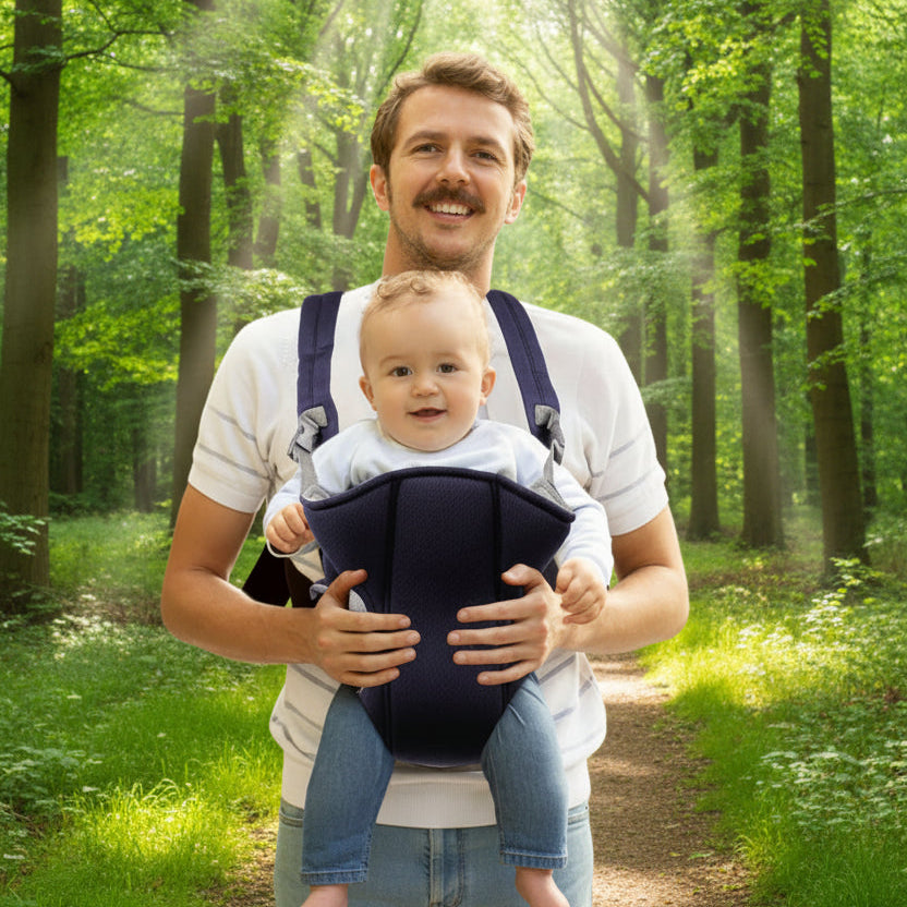 Père marche avec poupon dans porte bebe hanche connexion