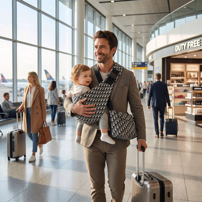 Père aéroport avec écharpe de portage physiologique hanche 
