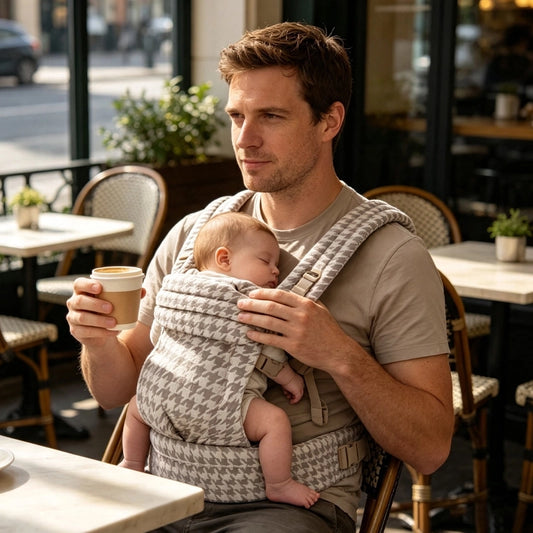 Père au café avec porte bébé kangourou liberté