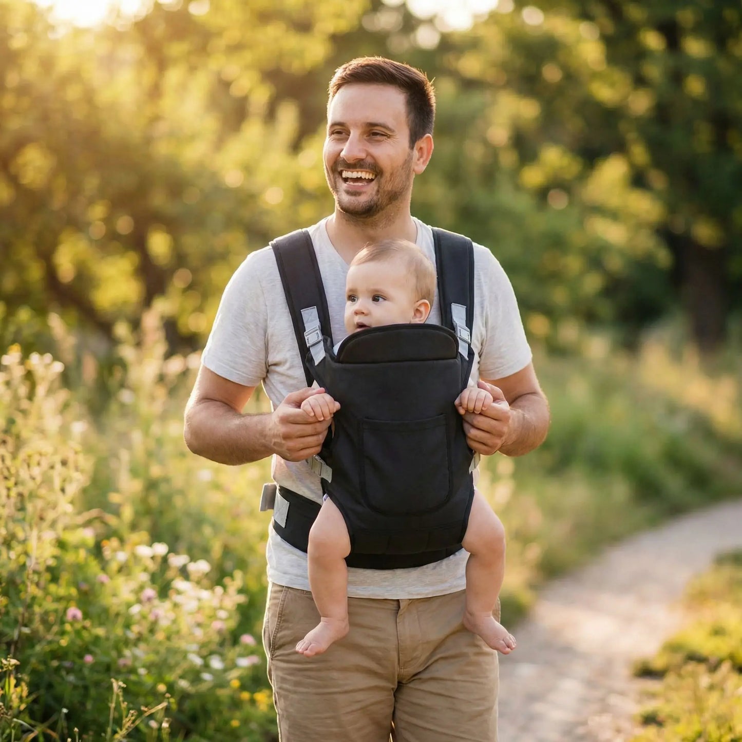 Père avec enfant dans porte bébé kangourou versatile 4 positions