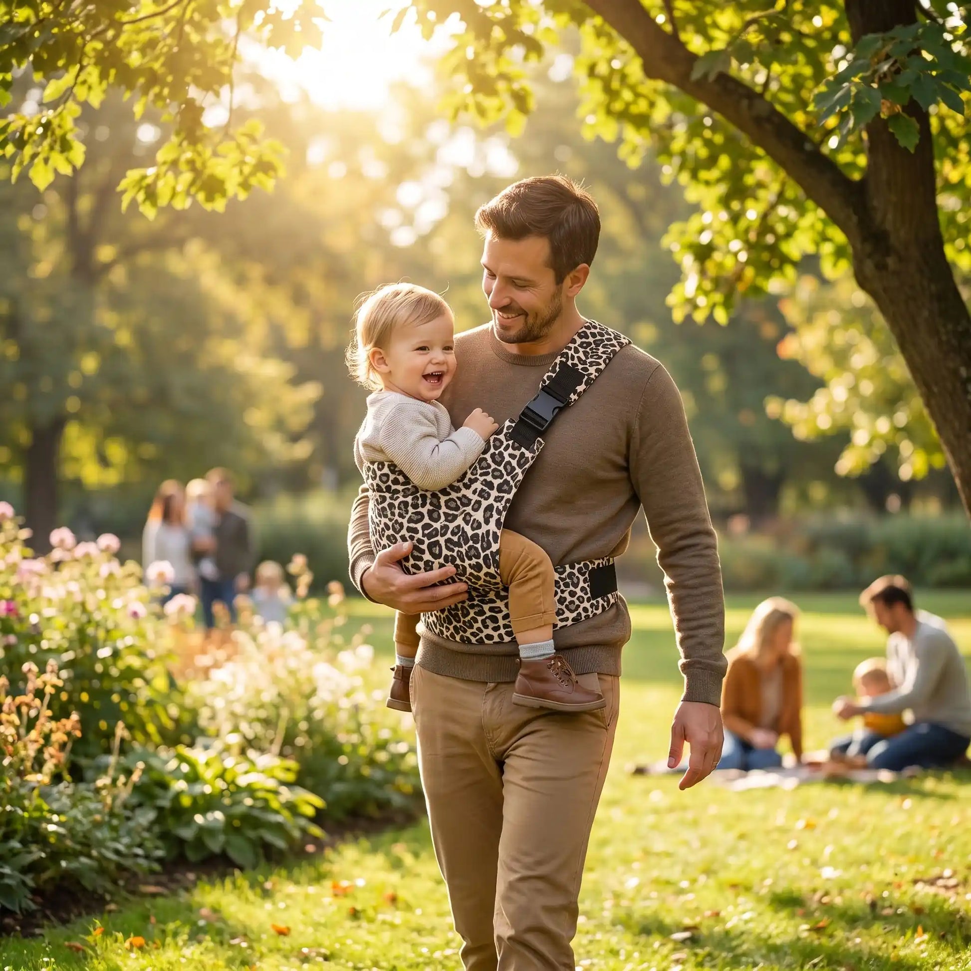 Père dans parc avec écharpe de portage physiologique mouvance