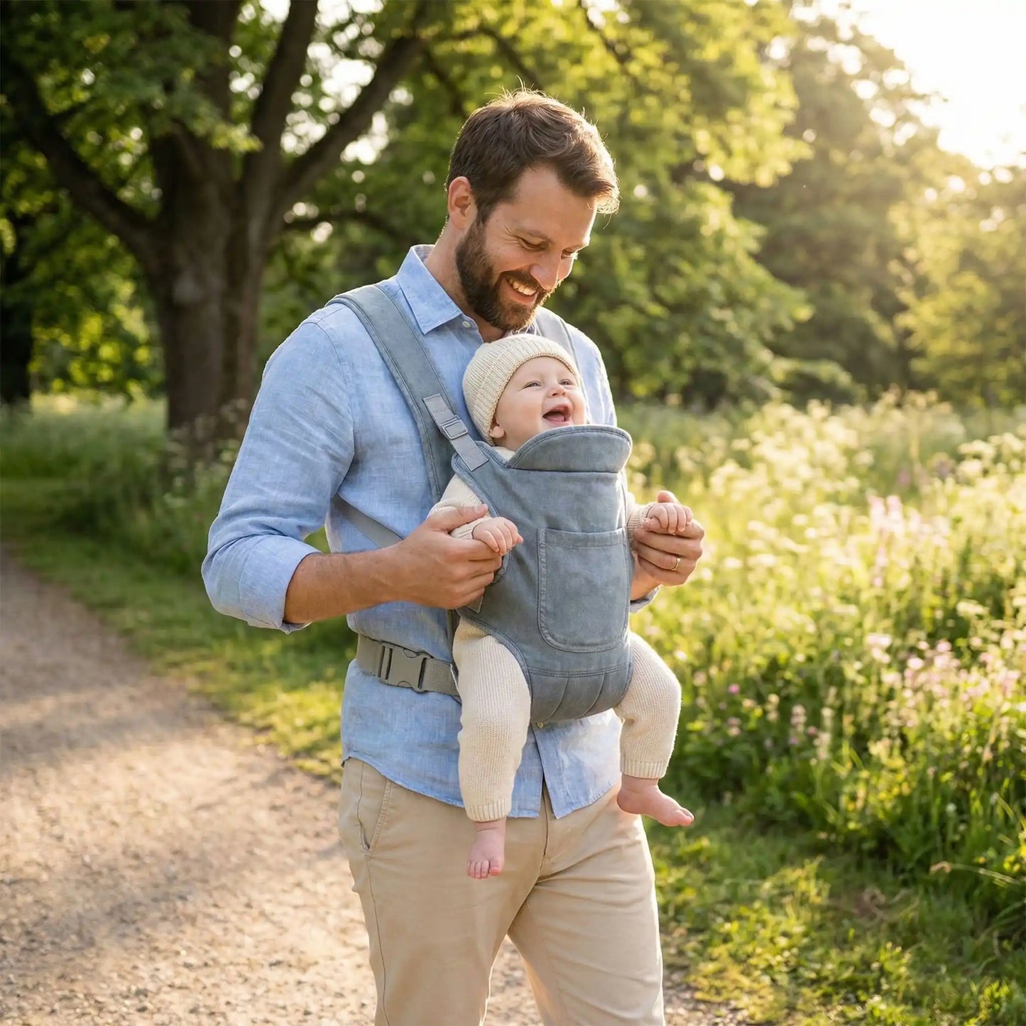 Père marche avec enfant dans porte bébé kangourou versatile 4 po