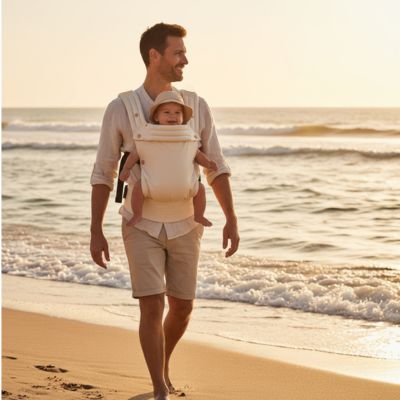 Père marche bord plage avec porte bebe ergonomique chouchou