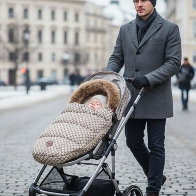 Père promène bébé dans chanceliere cozy alvéole abeille