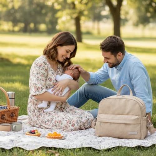 Pique-nique et sac a dos a langer familial