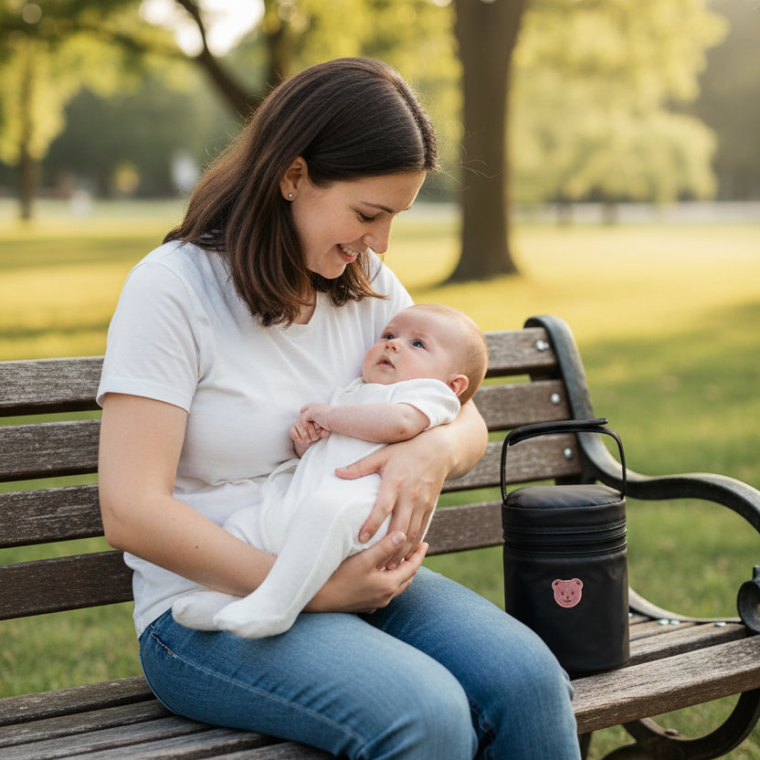 Porte biberon isotherme ourson réconfortant sur banc de parc