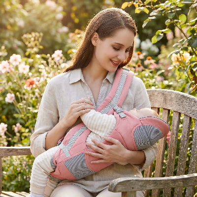 Porte bébé physiologique rose dans jardin