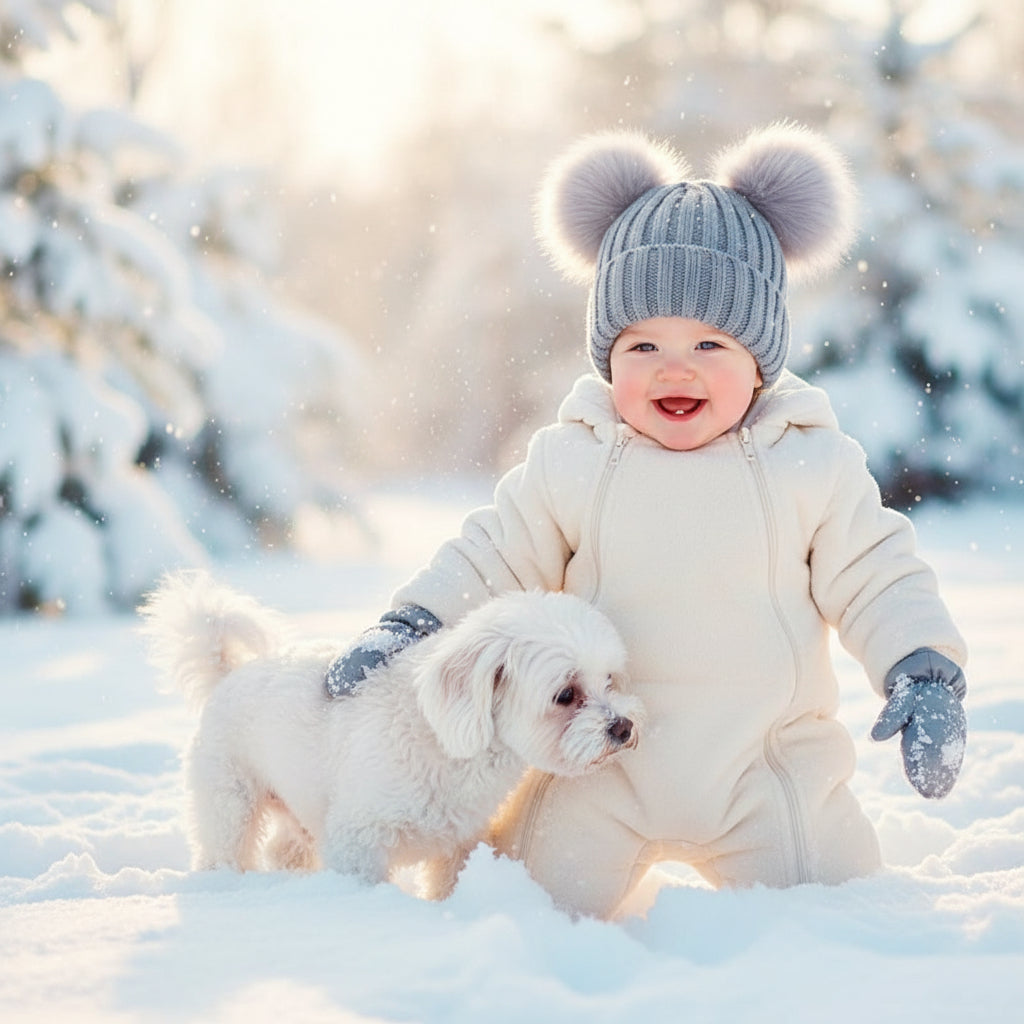 Poupon avec chiot dans neige avec bonnet bébé pompons mignons 