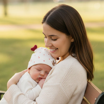 Poupon dans bras de maman avec bonnet pour bebe douce caresse