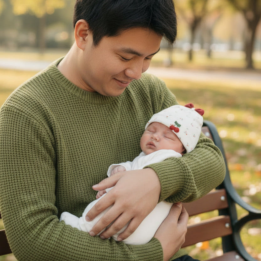 Poupon dans bras de père avec bonnet pour bebe douce caresse
