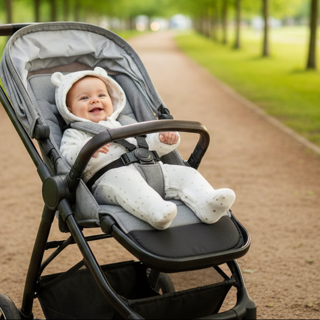 Poupon dans poussette avec combinaison pour bebe enveloppante