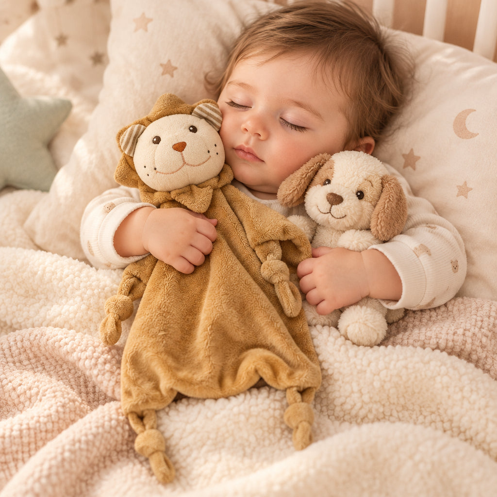 Poupon dort avec doudou bebe sérénité et chiot