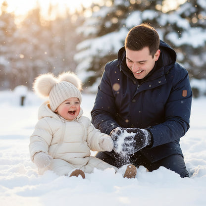 Poupon et papa dans neige avec bonnet bébé pompons mignons 