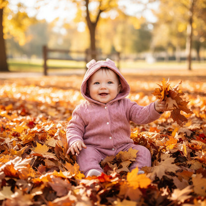 Poupon joue dans feuilles avec combinaison bebe lapin douillet rose