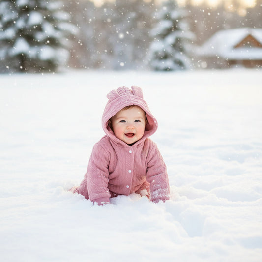 Poupon joue dans la neige avec combinaison bébé lapin douillet rose 