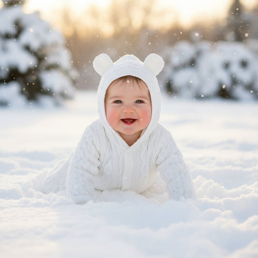 Poupon joue dans neige avec combinaison bebe lapin douillet blanc
