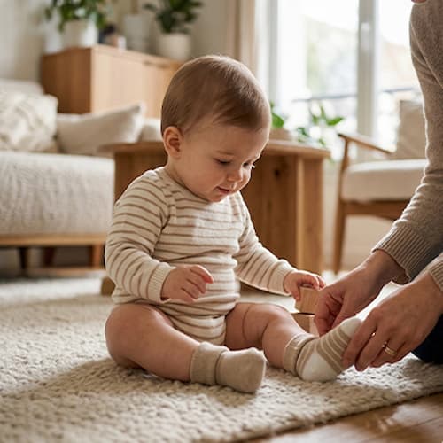 Poupon assis avec chaussette pour bebe délicatesse