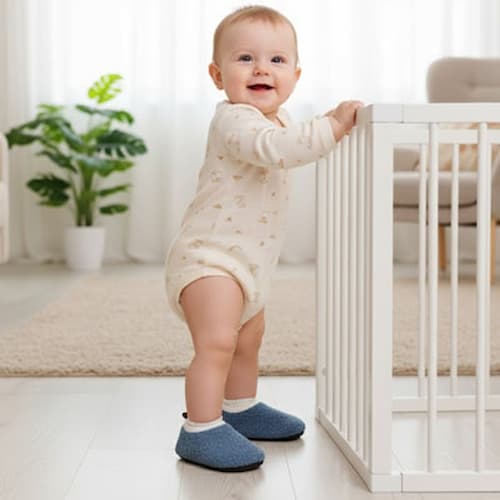 Poupon debout sur chausson souple bébé découverte bleu