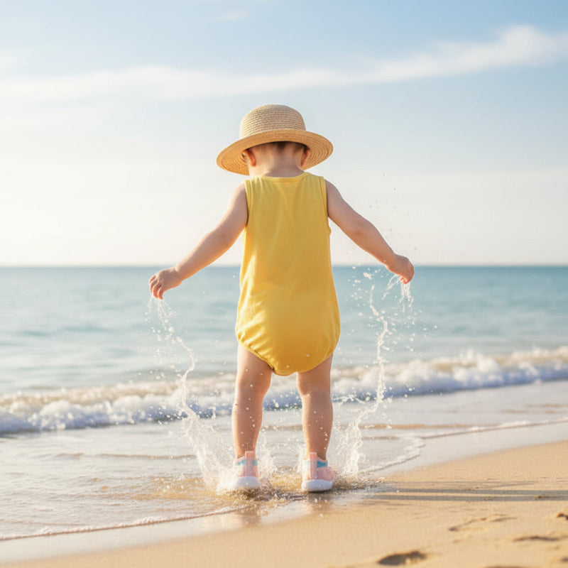 Poupon marche sur plage avec chaussure bebe mesh respirant rose