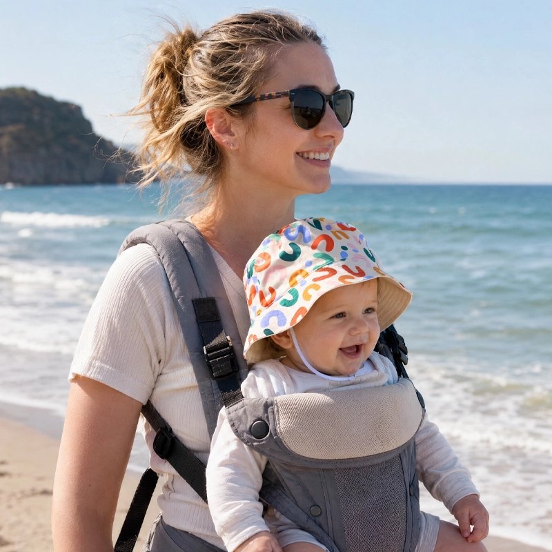 Mère plage avec bob bebe anti UV cute réversible