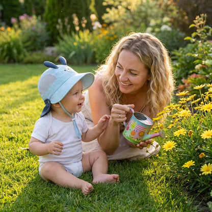 Chapeau protège nuque bebe animaux coquins dans jardin fleuri
