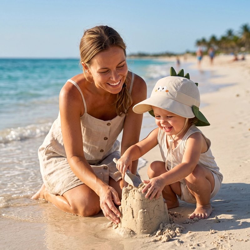 Chapeau protège nuque bébé animaux ludiques beige