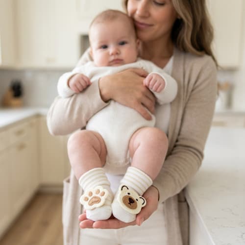 chaussettes bebe pattes d'ours couleur blanche rayée beige