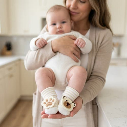 chaussettes bebe pattes d'ours couleur blanche rayée beige