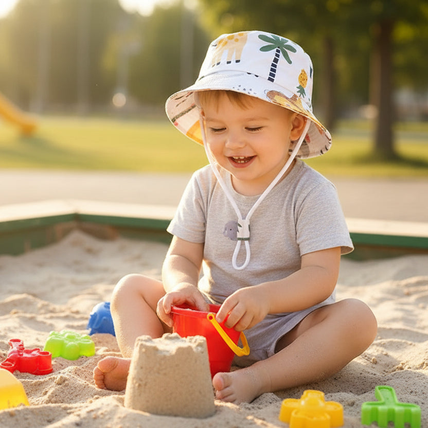 enfant joue dans carré de sable avec bob bebe safari