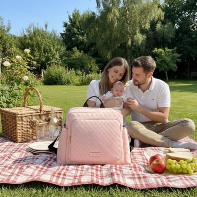 Famille dans un parc avec sac a langer sac a dos rose