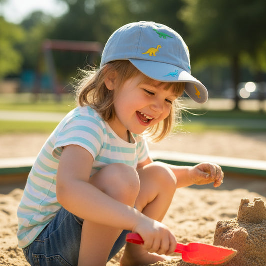 Fillette joue dans sable avec casquette pour bebe dinosaure bleue