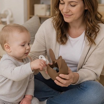 Mère donne à bébé boite a tetines doux lapereau