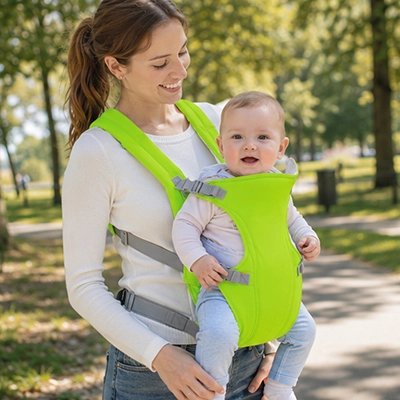 Mère portant poupon dans porte bébé physiologique ultra-proxim vert lime