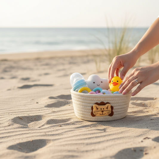 panier bebe rangement tressé naturel sur la plage