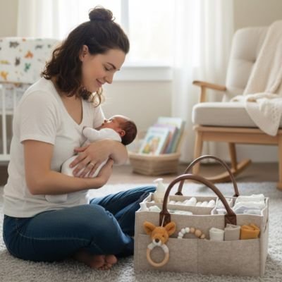 Panier de rangement bébé feutrine avec nourrisson