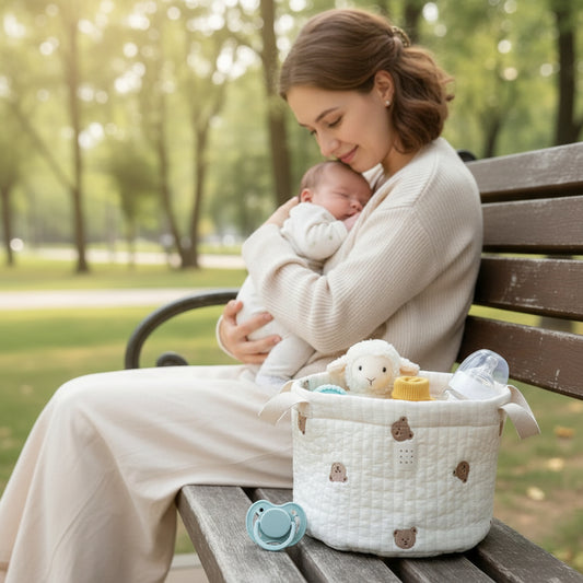 Panier de rangement bebe ourson sur banc parc