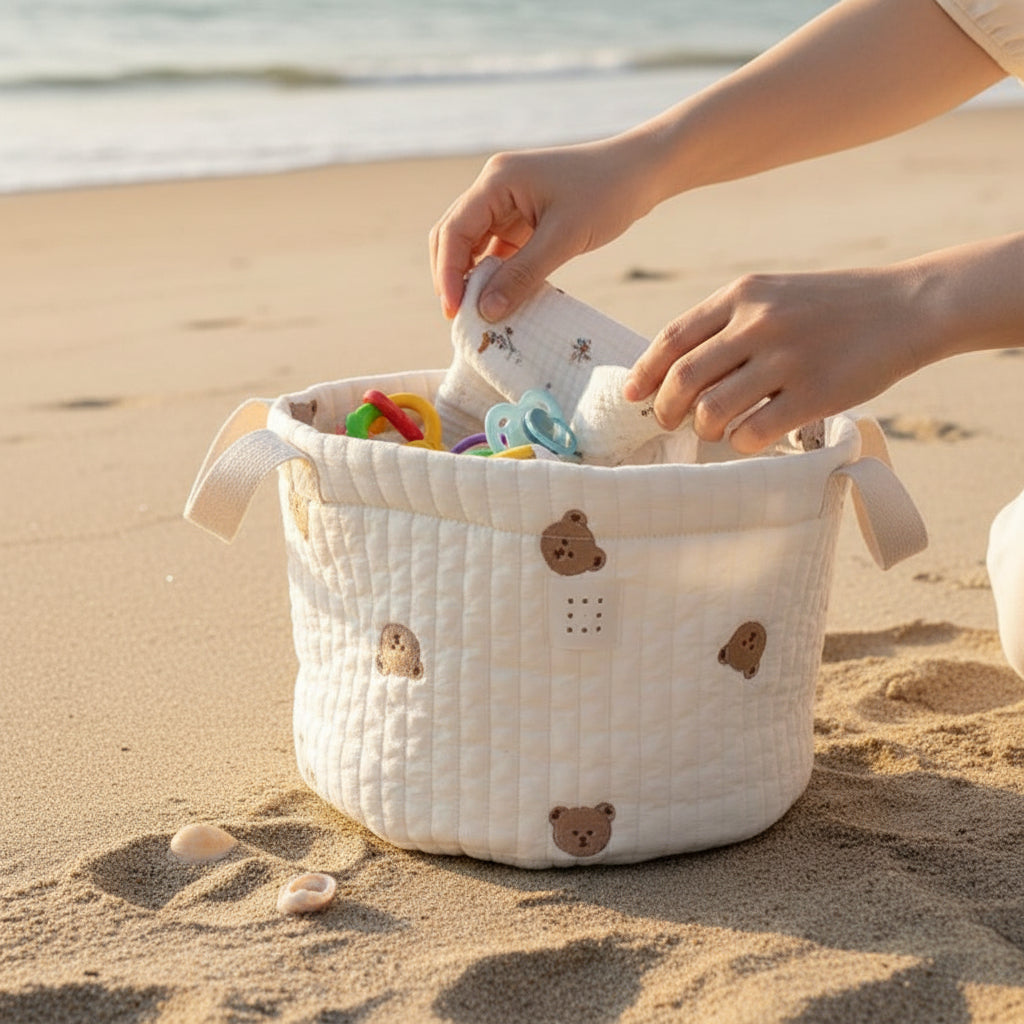 Panier de rangement bebe ourson sur plage