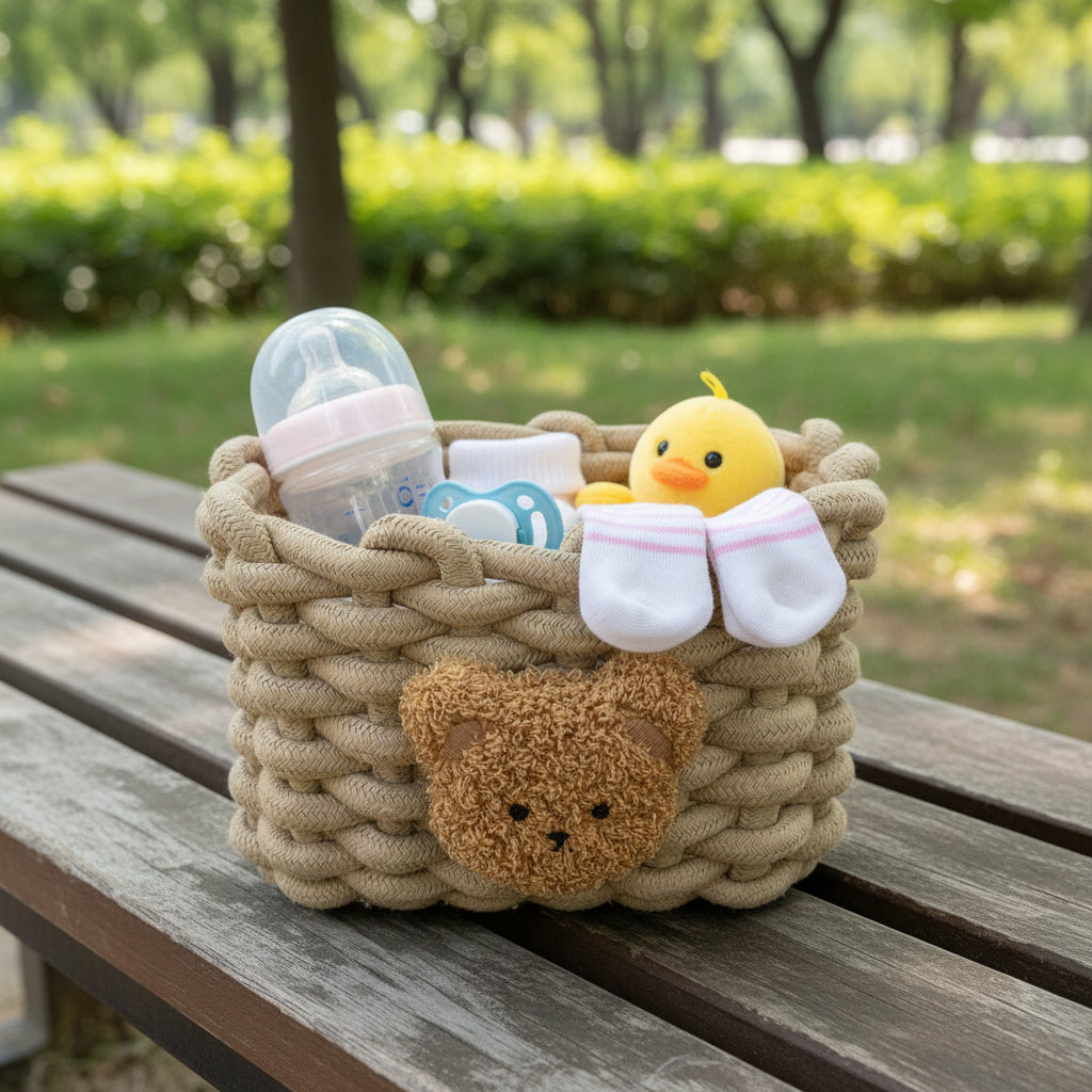 panier de rangement bébé tissé polyvalent sur table pique-nique
