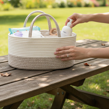 Panier de rangement pour bebe sérénité  sur table pique-nique