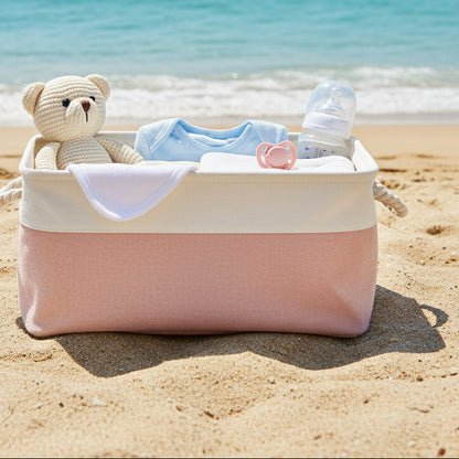panier rangement bébé bicolore sur plage
