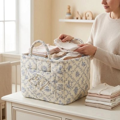 Panier rangement bébé floral matelassé bleu mosaïque
